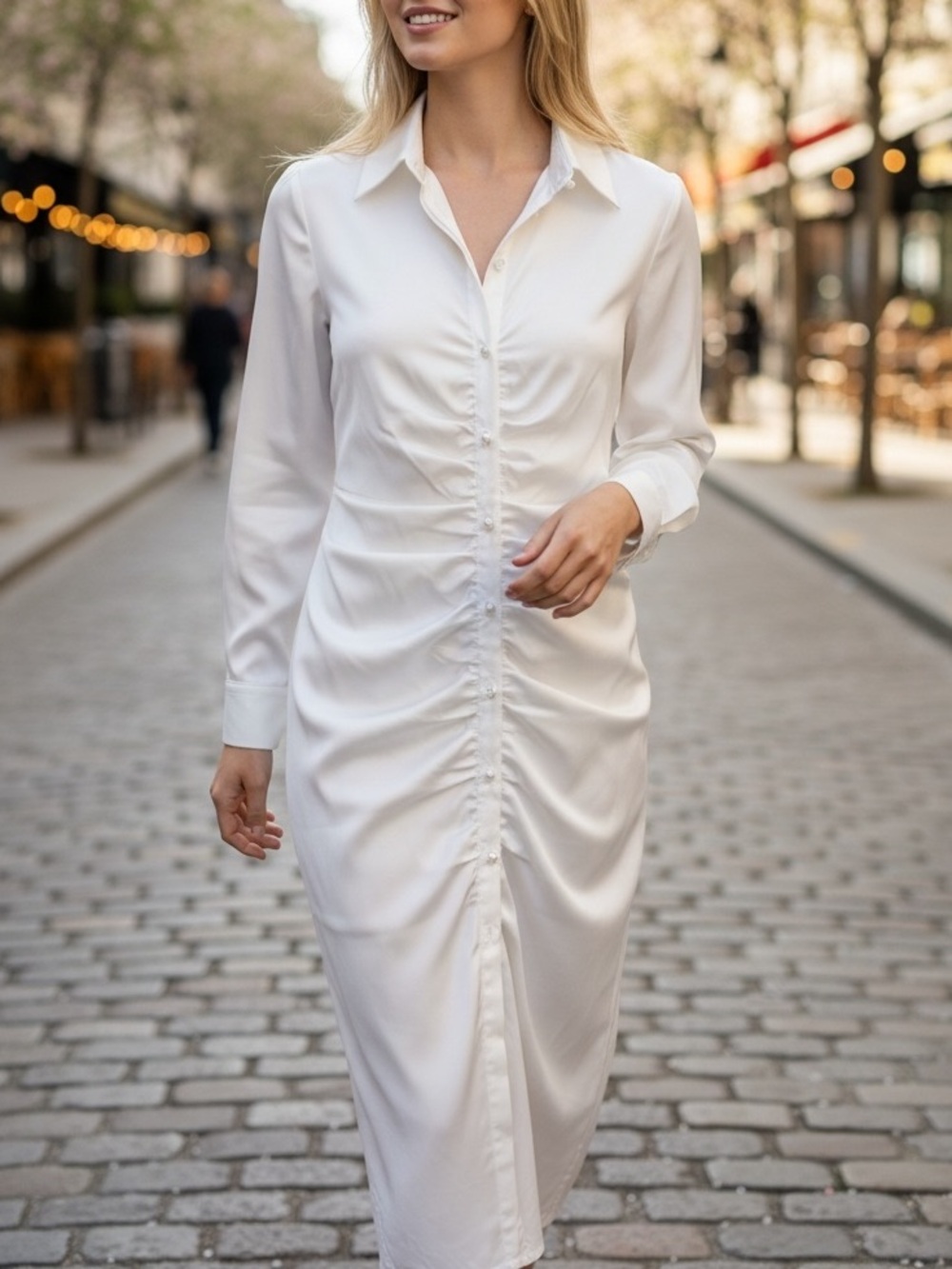 Ashro White Ruched Button-Front Long Shirt Dress - NEW Size 12